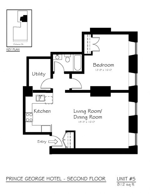 Floor plan for 1 bed, 1 bath, 870 sqft